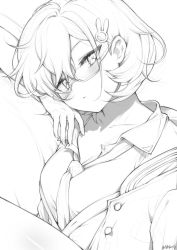 Rule 34 | 1girl, blue archive, blush, breasts, chihiro (blue archive), cleavage, glasses, greyscale, hair ornament, highres, looking at viewer, monochrome, necktie, open collar, rabbit hair ornament, semi-rimless eyewear, shirt, short hair, solo, swept bangs, under-rim eyewear, youguo naberu