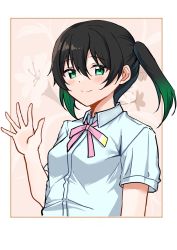Rule 34 | 1girl, 89ru0, black hair, blush, border, brown background, closed mouth, collared shirt, commentary, floral background, gradient hair, green eyes, green hair, hand up, highres, looking at viewer, love live!, love live! nijigasaki high school idol club, multicolored hair, neck ribbon, nijigasaki academy school uniform, pink ribbon, ribbon, school uniform, shirt, short hair, short sleeves, short twintails, smile, solo, summer uniform, takasaki yu, twintails, upper body, waving, white border, white shirt