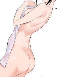 Rule 34 | 1girl, ass, back, black hair, breasts, character request, covered erect nipples, covering privates, dimples of venus, from behind, hand up, head out of frame, highres, hiiragi yuuichi, holding, holding towel, kaguya-sama wa kokurasetai ~tensai-tachi no renai zunousen~, large breasts, looking back, naked towel, nude, nude cover, original, shinomiya kaguya, simple background, solo, standing, striped, towel, white background, white towel