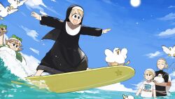 Rule 34 | 4girls, :&lt;, :d, barefoot, bird, black shirt, blonde hair, blue eyes, brown eyes, brown hair, chicken, closed eyes, clumsy nun (diva), commentary, diva (hyxpk), duck, english commentary, fishing rod, froggy nun (diva), grey hair, habit, hair ornament, highres, little nuns (diva), multiple girls, nun, ocean, open mouth, ostrich, outstretched arms, partially submerged, seagull, shirt, sky, smile, spicy nun (diva), star (symbol), star hair ornament, star nun (diva), sun, surfboard, surfing, traditional nun, white shirt, yellow eyes
