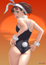 Rule 34 | 1girl, 2023, adjusting clothes, animal ears, ass, back, bare arms, bare legs, bare shoulders, black leotard, blush, breasts, chinese zodiac, cowboy shot, detached collar, fake animal ears, fake tail, from behind, highres, leotard, looking at viewer, looking back, medium breasts, mu-pyon, open mouth, original, paid reward available, playboy bunny, rabbit ears, rabbit tail, simple background, solo, tail, wrist cuffs, year of the rabbit