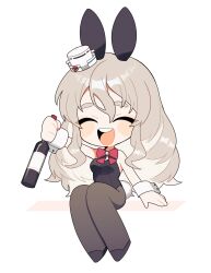 Rule 34 | 1girl, ^ ^, animal ears, bad id, bad twitter id, black footwear, blush, bottle, bow, bowtie, breasts, chibi, closed eyes, fake animal ears, fake tail, full body, grey hair, hat, highres, holding, holding bottle, kantai collection, leotard, long hair, medium breasts, open mouth, pantyhose, playboy bunny, pola (kancolle), rabbit ears, red bow, red bowtie, shoes, simple background, sitting, solo, su konbu, tail, teeth, upper teeth only, wrist cuffs