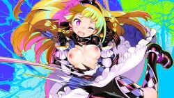 Rule 34 | 1girl, abstract background, alyce (dohna dohna), black gloves, blonde hair, braid, breasts, dohna dohna issho ni warui koto o shiyou, dress, exploding clothes, frilled dress, frills, game cg, gloves, headband, latex, latex gloves, long hair, medium breasts, nipples, official art, one eye closed, onono imoko, open mouth, pink eyes, solo, tears, torn clothes, twin braids