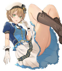 Rule 34 | 1girl, arm at side, bad id, bad pixiv id, beret, blonde hair, blush, boots, braid, braided bun, brown footwear, buttons, cross-laced footwear, crossed legs, earrings, frilled gloves, frills, gloves, green eyes, hair bun, hand on own cheek, hand on own face, hat, highres, idolmaster, idolmaster million live!, idolmaster million live! theater days, jewelry, knee boots, looking at viewer, puffy short sleeves, puffy sleeves, pupps, reclining, sakuramori kaori, shiny skin, short sleeves, sidelocks, sitting, solo, white gloves