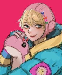 Rule 34 | 1girl, apex legends, blonde hair, blue eyes, blue jacket, bow, holding, holding stuffed toy, hood, hooded jacket, jacket, kawaii voltage wattson, nessie (respawn), open mouth, pink headwear, red background, red bow, ribbed sweater, sketch, solo, stuffed toy, sweater, tama (ponz3o1), unfinished, wattson (apex legends), yellow sweater