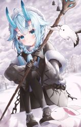 Rule 34 | 1girl, absurdres, ahoge, animal, aqua eyes, aqua hair, artist request, bell, bird, black thighhighs, blush, braid, character request, closed eyes, coat, facial mark, gloves, highres, horns, minus-shaped pupils, oni, rabbit, shoes, sitting, smile, snow, staff, thighhighs, tree, winter clothes