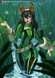 Rule 34 | 10s, 1girl, :p, alan campos, artist name, asui tsuyu, belt, blue eyes, bodysuit, boku no hero academia, breasts, facing viewer, frog girl, gloves, goggles, goggles on head, grass, green hair, hair between eyes, happy, highres, lily pad, long hair, long tongue, looking at viewer, low-tied long hair, medium breasts, parted lips, partially submerged, patreon username, skin tight, smile, solo, tongue, tongue out, wading, walking, water, watermark, web address, wet, wide hips
