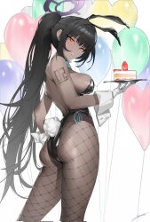 Rule 34 | 1girl, animal ears, ass, backless leotard, balloon, black hair, black leotard, blue archive, blue bow, blue bowtie, blush, bow, bowtie, breasts, cake, cake slice, dark-skinned female, dark skin, detached collar, fake animal ears, fishnet pantyhose, fishnets, food, gloves, haine 1871, halo, heart balloon, highleg, highleg leotard, highres, holding, holding tray, karin (blue archive), karin (bunny) (blue archive), large breasts, leotard, long hair, looking at viewer, number tattoo, official alternate costume, pantyhose, parted lips, playboy bunny, ponytail, rabbit ears, rabbit tail, signature, solo, standing, strapless, strapless leotard, tail, tattoo, traditional bowtie, tray, very long hair, white background, white gloves, white wrist cuffs, wrist cuffs, yellow eyes