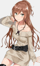 Rule 34 | 1girl, asato (fadeless), bang dream!, belt, blush, brown hair, clenched hand, collarbone, commentary request, dress, earrings, green eyes, grey background, grey sweater, hair between eyes, half updo, highres, imai lisa, jewelry, long hair, off shoulder, pendant, rabbit earrings, ribbed sweater, simple background, sitting, sleeves past wrists, smile, solo, sweater, sweater dress