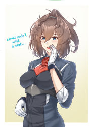 Rule 34 | 1girl, ascot, blue eyes, blush, brown hair, buttons, edwin (cyberdark impacts), english text, flower, gloves, hair between eyes, highres, kantai collection, kimoi girls (meme), long hair, long sleeves, meme, military, military uniform, open mouth, red ascot, red flower, red rose, rose, sheffield (kancolle), solo, uniform, upper body, white gloves