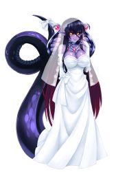 Rule 34 | 1girl, apophis (monster girl encyclopedia), bare shoulders, black hair, black sclera, blush, breasts, bridal gauntlets, bridal veil, bride, cleavage, colored sclera, colored skin, commission, dress, elbow gloves, fingernails, gloves, gradient hair, hand to own mouth, highres, jewelry, lamia, large breasts, long hair, looking at viewer, monster girl, monster girl encyclopedia, multicolored hair, nail polish, parted lips, pointy ears, purple skin, red hair, red nails, ring, sharp fingernails, shiny skin, simple background, slit pupils, smile, solo, two-tone hair, twrlare, veil, very long hair, wedding band, wedding dress, white background, white dress, white gloves, yellow eyes
