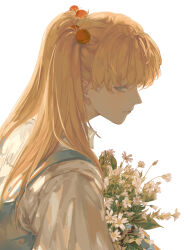 Rule 34 | 1girl, absurdres, blue dress, blue eyes, bouquet, closed mouth, commentary, dress, flower, hair bobbles, hair ornament, highres, holding, holding bouquet, jiaotang xiaodoudou, long hair, looking at viewer, looking back, neon genesis evangelion, orange hair, shirt, sideways glance, simple background, sleeveless, sleeveless dress, solo, souryuu asuka langley, straight hair, twintails, upper body, white background, white flower, white shirt