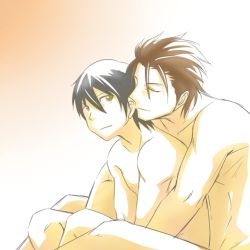 Rule 34 | 2boys, age difference, alvin (tales), bara, bare arms, bare legs, bare shoulders, black hair, brown hair, couple, closed eyes, from side, hug, hug from behind, jude mathis, kayu (ichigogayu), leaning forward, male focus, multiple boys, muscular, nipples, nude, sitting, smile, tales of (series), tales of xillia, tales of xillia 2, yaoi, yellow eyes