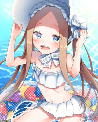 Rule 34 | 1girl, abigail williams (fate), abigail williams (swimsuit foreigner) (fate), bare shoulders, bikini, blonde hair, blue eyes, blush, bonnet, bow, breasts, fate/grand order, fate (series), forehead, hair bow, innertube, long hair, looking at viewer, marimo danshaku, miniskirt, navel, ocean, open mouth, parted bangs, sidelocks, sitting, skirt, small breasts, smile, swim ring, swimsuit, thighs, twintails, very long hair, white bikini, white bow, white headwear
