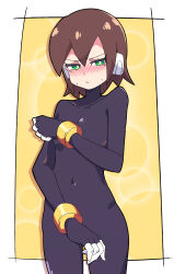 Rule 34 | absurdres, aile (mega man zx), black bodysuit, blush, bodysuit, breasts, brown hair, buzzlyears, green eyes, highres, mega man (series), mega man zx, navel, robot ears, short hair, skin tight, small breasts, tagme