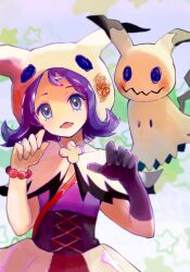 Rule 34 | 1girl, acerola (fall 2020) (pokemon), acerola (pokemon), bead bracelet, beads, black corset, black gloves, blue eyes, bracelet, capelet, corset, creatures (company), elbow gloves, flipped hair, game freak, gen 7 pokemon, gloves, hands up, head tilt, highres, hood, hood up, hooded capelet, jewelry, looking at viewer, mimikyu, nintendo, official alternate costume, pokemon, pokemon (creature), pokemon masters ex, purple hair, ringosan2329, short hair, single elbow glove, star (symbol), starry background