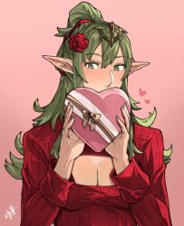 Rule 34 | 1girl, alternate costume, blush, box, breasts, cleavage cutout, clothing cutout, commentary, english commentary, fingernails, fire emblem, fire emblem awakening, flower, green eyes, green hair, green nails, hair between eyes, hair flower, hair ornament, heart, heart-shaped box, highres, holding, holding box, long hair, long sleeves, looking at viewer, medium breasts, nintendo, pink background, pointy ears, ponytail, red flower, red rose, red sweater, ribbed sweater, rose, sakuremi, signature, simple background, solo, sweater, tiki (adult) (fire emblem), tiki (fire emblem), valentine