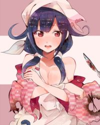 Rule 34 | 10s, 1girl, ahoge, alternate costume, bad id, bad twitter id, breasts, cleavage, commentary request, covering privates, covering breasts, embarrassed, eyebrows, fish, hat, itomugi-kun, kantai collection, long hair, mackerel (fish), medium breasts, multicolored background, open mouth, pink eyes, purple hair, ryuuhou (kancolle), saury, solo, taigei (kancolle), torn clothes, twintails, whale, yagasuri