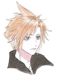 Rule 34 | 1boy, aqua eyes, blonde hair, closed mouth, cloud strife, final fantasy, final fantasy vii, final fantasy vii advent children, grey shirt, looking to the side, male focus, pale skin, popped collar, portrait, shirt, short hair, shunkafuyu, solo, spiked hair, upper body, white background