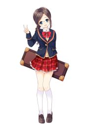 Rule 34 | 1girl, blouse, blue eyes, blue jacket, bow, braid, braided ponytail, brown hair, card (medium), carrying case, character name, full body, girlfriend (kari), glasses, hino kanae, instrument, jacket, official art, open mouth, plaid, plaid skirt, qp:flapper, red bow, red skirt, school uniform, shirt, shoes, skirt, smile, socks, sweater vest, tagme, transparent background, trumpet, v, white shirt