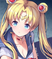 Rule 34 | 1girl, absurdres, bishoujo senshi sailor moon, blonde hair, blue eyes, blue sailor collar, blush, breasts, choker, circlet, cleavage, collarbone, commentary request, crescent, crescent earrings, derivative work, earrings, gao2519, hair ornament, hair over shoulder, heart, heart choker, highres, jewelry, long hair, meme, parted bangs, parted lips, red choker, revision, sailor collar, sailor moon, sailor moon redraw challenge (meme), screenshot redraw, short sleeves, solo, teeth, tsukino usagi, twintails, upper body