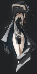 Rule 34 | 1girl, armpits, arms up, black background, black dress, black jacket, blue archive, breasts, butterfly hair ornament, china dress, chinese clothes, covered navel, dress, genek, grey eyes, hair ornament, highres, jacket, kisaki (blue archive), long hair, looking at viewer, no panties, pelvic curtain, short dress, side slit, simple background, small breasts, solo, striped clothes, striped jacket, thighs, twintails, vertical-striped clothes, vertical-striped jacket