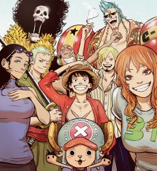 Rule 34 | 2girls, 6+boys, afro, antlers, arm up, beard, black hair, blonde hair, blue eyes, blue hair, brook (one piece), cigarette, collared shirt, commentary request, curly eyebrows, cyborg, eyewear on head, facial hair, franky (one piece), green hair, hand on headwear, hat, headphones, highres, holding, holding cigarette, horns, iago fn, long nose, looking at viewer, monkey d. luffy, multiple boys, multiple girls, nami (one piece), nico robin, one eye closed, one piece, orange eyes, orange hair, pink shirt, portuguese commentary, reindeer antlers, roronoa zoro, sanji (one piece), scar, scar on chest, scar on face, shirt, short hair, sideburns, sidelocks, skeleton, smile, smoke, straw hat, striped clothes, striped shirt, sunglasses, t-shirt, tony tony chopper, turtleneck, turtleneck shirt, usopp, vertical-striped clothes, vertical-striped shirt