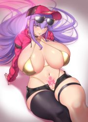 Rule 34 | 1girl, aster crowley, bb (fate), bikini, blush, breasts, cleavage, fate/extra, fate/extra ccc, fate/grand order, fate (series), gluteal fold, gold bikini, hat, highres, huge breasts, long hair, long sleeves, looking at viewer, navel, pink hat, purple eyes, purple hair, short shorts, shorts, solo, swimsuit, thighhighs, thighs