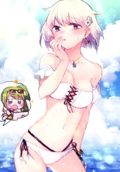 Rule 34 | 2girls, alina gray, alina gray (swimsuit costume), azusa mifuyu, azusa mifuyu (swimsuit costume), bare shoulders, bikini, blush, breasts, cleavage, earrings, eyewear on head, flower, green hair, hair between eyes, hair flower, hair ornament, highres, holding, jewelry, long hair, looking at viewer, magia record: mahou shoujo madoka magica gaiden, mahou shoujo madoka magica, medium breasts, mizuki (flowerlanguage), multiple girls, navel, necklace, official alternate costume, open mouth, ponytail, short hair, sunglasses, swimsuit, white hair, yellow bikini