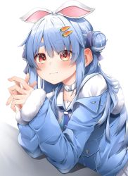 Rule 34 | 1girl, animal ears, blue hair, blue jacket, blue neckerchief, blush, carrot hair ornament, choker, double bun, dress, elbows on table, embarrassed, fingernails, food-themed hair ornament, fur-trimmed jacket, fur trim, hair bun, hair ornament, hairclip, highres, hololive, jacket, long hair, looking at viewer, multicolored hair, neckerchief, official alternate costume, open clothes, open jacket, orange eyes, pepushi drow, rabbit-shaped pupils, rabbit ears, rabbit girl, sailor collar, short dress, short eyebrows, solo, symbol-shaped pupils, thick eyebrows, tied ears, two-tone hair, two side up, usada pekora, usada pekora (casual), virtual youtuber, white choker, white dress, white hair, white sailor collar
