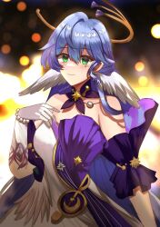 Rule 34 | 1girl, arm at side, bare shoulders, blue hair, blue sealad, blurry, blush, bokeh, closed mouth, cowboy shot, depth of field, detached collar, dot nose, dress, gloves, green eyes, halo, hand on own chest, head wings, honkai: star rail, honkai (series), looking at viewer, robin (honkai: star rail), sleeveless, sleeveless dress, smile, solo, white dress, white gloves, wings