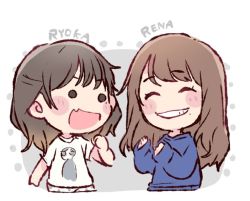 Rule 34 | 2girls, :d, ^ ^, akb48, black eyes, black hair, blue shirt, blush stickers, brown hair, character name, chibi, clenched hand, closed eyes, commentary request, closed eyes, fang, grin, hand up, hands up, katou rena, long hair, long sleeves, looking at another, mole, mole under mouth, multiple girls, ooshima ryouka, open mouth, print shirt, real life, shirt, short sleeves, skin fang, smile, t-shirt, taneda yuuta, upper body, v-shaped eyebrows, white shirt