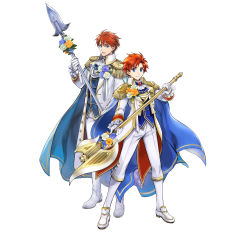 Rule 34 | 2boys, absurdres, axe, eliwood (fire emblem), father and son, fire emblem, fire emblem: the binding blade, fire emblem: the blazing blade, fire emblem heroes, highres, holding, holding axe, holding polearm, holding weapon, multiple boys, nintendo, official alternate costume, official art, polearm, roy (fire emblem), simple background, weapon, white background
