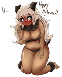 Rule 34 | 1girl, belly, blush, breasts, brown panties, cleavage, commentary, dark-skinned female, dark skin, embarrassed, english text, full-face blush, full body, glasses, goat girl, goat horns, green eyes, halloween, halloween costume, happy halloween, highres, horns, image sample, kneeling, large breasts, light brown hair, liliana rodica, long hair, looking at viewer, monster girl, navel, okamaka, original, panties, plump, shiny skin, simple background, socks, solo, strapless, text focus, thick thighs, thighs, tube top, underwear, white background, wide hips, wool