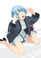 Rule 34 | 1girl, absurdres, black footwear, blue eyes, blue hair, blue oni, bow, dress, fangs, fingernails, hair bow, highres, horns, jacket, kojy, long fingernails, long hair, looking at viewer, low twintails, oni, oni horns, open clothes, open jacket, open mouth, original, ribbed sweater, sharp fingernails, sitting, solo, sweater, sweater dress, twintails, very long hair, wariza, white sweater