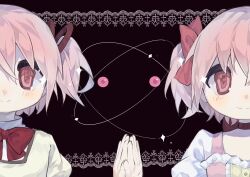 2girls atom black_background bow bow_choker bowtie buttons center_frills choker closed_mouth collared_shirt dot_nose dress dual_persona frilled_dress frills gongqing hair_bow hair_ribbon hand_on_hand high_collar highres kaname_madoka kyubey lace light_blush magical_girl mahou_shoujo_madoka_magica mahou_shoujo_madoka_magica_(anime) mitakihara_school_uniform multiple_girls no_gloves pink_bow pink_dress pink_eyes pink_hair puffy_short_sleeves puffy_sleeves red_bow red_bowtie red_choker red_ribbon ribbon school_uniform shirt short_hair short_sleeves short_twintails smile sparkle square_neckline tareme twintails upper_body white_sleeves yellow_shirt