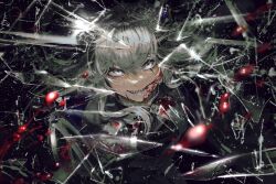 Rule 34 | 1girl, a0lp, arknights, black coat, blood, blood on face, blurry, coat, depth of field, glass shards, grin, highres, lappland (arknights), looking at viewer, parted lips, scar, scar across eye, sharp teeth, smile, solo, teeth, upper body, white eyes, white hair