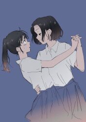 Rule 34 | 2girls, absurdres, ahoge, black eyes, black hair, blue background, blue skirt, closed mouth, collared shirt, commentary, dancing, hand on another&#039;s waist, hashtag-only commentary, highres, holding hands, interlocked fingers, long hair, multiple girls, nacl 022, open mouth, original, pleated skirt, ponytail, school uniform, shirt, short hair, short sleeves, skirt, sweatdrop, white shirt, yuri