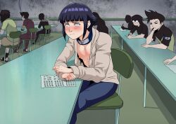 Rule 34 | 1girl, absurdres, alternate breast size, blue eyes, blue pants, blunt bangs, chair, closed mouth, crossed arms, desk, english text, exhibitionism, feet out of frame, flat chest, headband around neck, highres, hyuuga hinata, indoors, jacket, kokobiel, konohagakure symbol, looking to the side, naruto, naruto (series), nipples, no bra, no pupils, open clothes, open jacket, pants, paper, people, public indecency, school chair, school desk, short hair, sidelocks, sitting, smile, wavy mouth