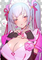 Rule 34 | 1girl, alternate costume, black gloves, bracelet, breasts, character name, cleavage, closed mouth, colored eyelashes, dot nose, earrings, elbow gloves, eyelashes, fingerless gloves, fingernails, gloves, grey hair, hair ornament, hair ribbon, heart, heart hands, highres, idolmaster, idolmaster cinderella girls, idolmaster cinderella girls starlight stage, jewelry, large breasts, lips, lipstick, long fingernails, long hair, looking at viewer, maid, maid headdress, makeup, official alternate costume, official alternate hairstyle, pink eyes, pink lips, pink nails, puffy short sleeves, puffy sleeves, ribbon, sharp fingernails, shizuru (daikoukaizidai), short sleeves, sidelocks, solo, takamine noa, translated, twintails, unconventional maid