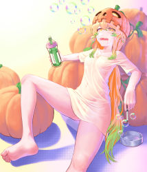 Rule 34 | 1girl, absurdres, bare arms, bare legs, bare shoulders, barefoot, blonde hair, bubble, blowing bubbles, feet, food-themed hair ornament, hair ornament, hat, highres, long hair, looking at viewer, no bra, no panties, open mouth, original, pump (iklee321), pumpkin, pumpkin hair ornament, shirt, soles, white shirt, yellow eyes