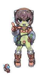 Rule 34 | 1girl, :d, alien, boots, breasts, brown hair, colored skin, creature and personification, crossed bangs, crotch plate, detached sleeves, fang, full body, gloves, green skin, grey sleeves, hair between eyes, hand on own hip, knee boots, long sleeves, looking at viewer, martian officer, no nose, nyong nyong, open mouth, orange footwear, orange gloves, puffy long sleeves, puffy sleeves, reference inset, short hair, simple background, small breasts, smile, solo, standing, terraria, thigh strap, tsurime, v-shaped eyebrows, white background