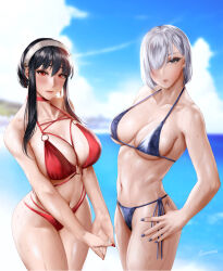Rule 34 | 2girls, artist name, beach, bikini, black hair, blue bikini, blue nails, blush, breasts, cleavage, colored eyelashes, cowboy shot, day, earrings, easonx, female focus, fiona frost, hair over one eye, halterneck, hand on own hip, highres, jewelry, large breasts, lips, looking at viewer, mature female, multi-strapped bikini, multiple girls, navel, o-ring, o-ring bikini, o-ring top, outdoors, red bikini, red eyes, red nails, short hair, side-tie bikini bottom, spy x family, standing, stomach, swimsuit, underboob, yor briar