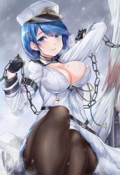 Rule 34 | 1girl, azur lane, black gloves, blue eyes, blue hair, blush, breasts, chain, chapayev (azur lane), gloves, hair ornament, hairclip, hat, highres, jacket, large breasts, looking at viewer, military hat, mole, mole on breast, peaked cap, rama (yu-light8), short hair, sitting, smile, snowing, solo, white hat, white jacket