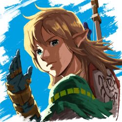 Rule 34 | 1boy, absurdres, aduti momoyama, archaic set (zelda), blonde hair, blue eyes, bow, closed mouth, earrings, hair between eyes, hand up, highres, jewelry, link, long hair, male focus, master sword, nintendo, pointy ears, shield, shield on back, solo, sword, the legend of zelda, the legend of zelda: tears of the kingdom, upper body, weapon