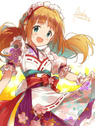 Rule 34 | 1girl, artist name, asoka, blue eyes, blush, brown hair, cherry blossoms, cowboy shot, dated, dress, floral print, flower, hairband, hand up, idolmaster, idolmaster (classic), idolmaster million live!, idolmaster million live! theater days, long hair, looking at viewer, multicolored clothes, multicolored dress, open mouth, plum blossoms, print dress, puffy short sleeves, puffy sleeves, red hairband, red sash, ribbon-trimmed clothes, ribbon trim, sash, scrunchie, short sleeves, signature, skirt hold, smile, solo, standing, takatsuki yayoi, twintails, two-tone background, two-tone ribbon, white headdress, white scrunchie, wrist scrunchie