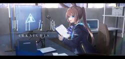Rule 34 | 1girl, amiya (arknights), animal ears, arknights, ascot, blue coat, blue eyes, blurry, blurry background, brown hair, chair, clipboard, coat, commentary request, copyright name, desk lamp, gawako, highres, holding, holding clipboard, indoors, jewelry, keyboard (computer), lamp, letterboxed, light particles, long hair, long sleeves, monitor, mouse (computer), multiple rings, office, office chair, parted lips, ponytail, purple ascot, rabbit ears, rhodes island logo (arknights), ring, sitting, smile, solo, swivel chair