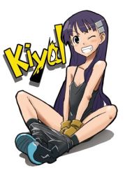 Rule 34 | 00s, 1girl, bare shoulders, bike shorts, blue eyes, blush, boots, clothes pull, covering privates, fang, gloves, grin, hair ornament, indian style, kiyal bachika, long hair, lowres, one eye closed, pants, pants pull, purple hair, shorts, shorts pull, simple background, sitting, smile, solo, tengen toppa gurren lagann, urokozuki, wink