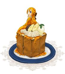 Rule 34 | 1girl, alternate color, banana, blonde hair, cake, dress, expressionless, farewell (game), food, frills, fruit, in food, looking up, mini person, minigirl, monster girl, parted lips, relic (farewell), slime girl, solo, tsukushi (toxicdoll), yellow dress