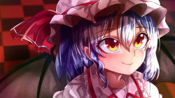 Rule 34 | 1girl, bat wings, black wings, blouse, blurry, blurry background, checkered floor, close-up, closed mouth, collared shirt, commentary request, frilled shirt collar, frills, hair between eyes, hat, hat ribbon, highres, mahoro (minase mahoro), medium hair, mob cap, orange eyes, pink hat, purple hair, red ribbon, remilia scarlet, ribbon, shirt, smile, solo, touhou, white shirt, wings